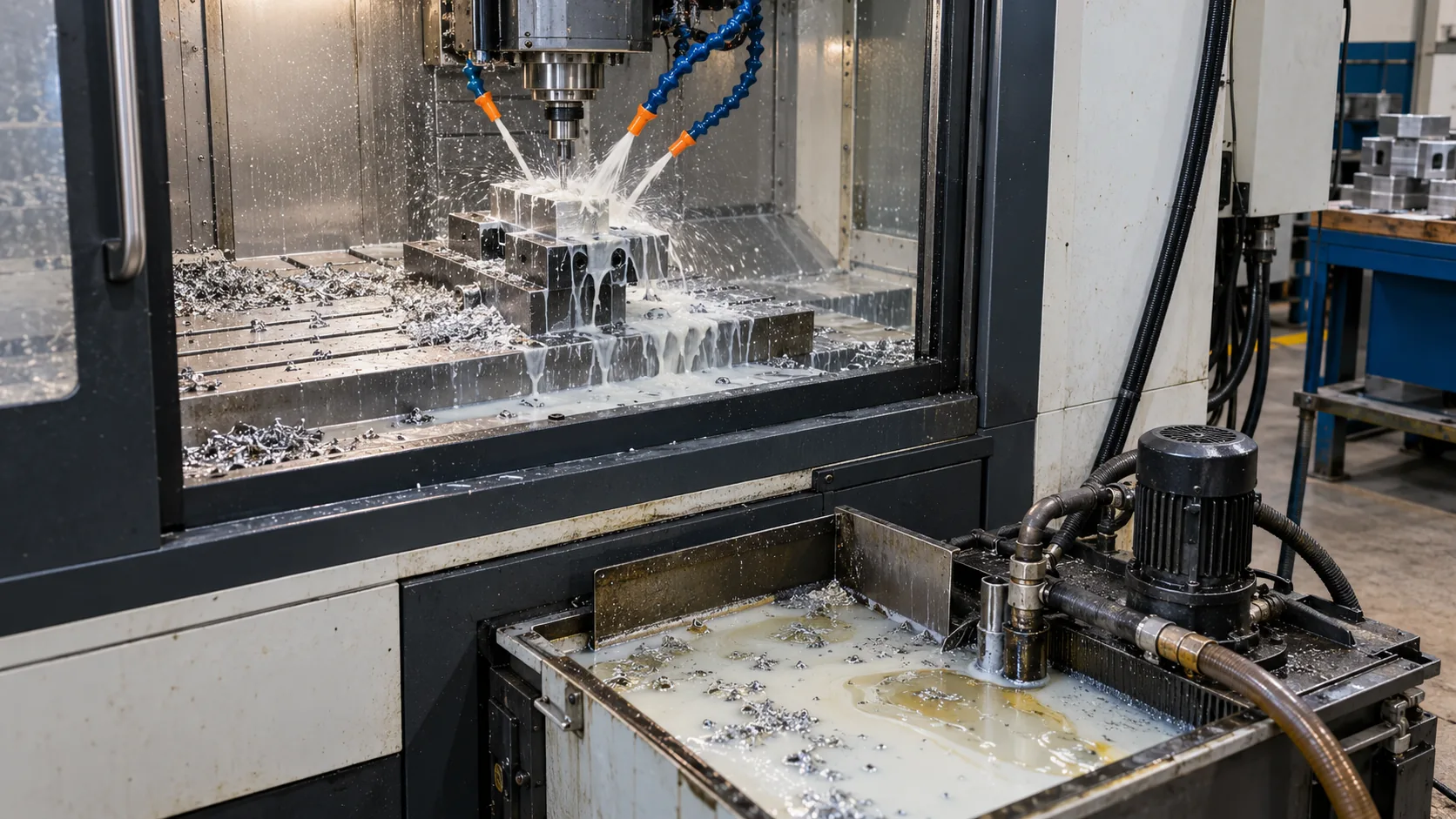 CNC işleme merkezinde bor yağı püskürtme ve tezgâh altındaki açık tank