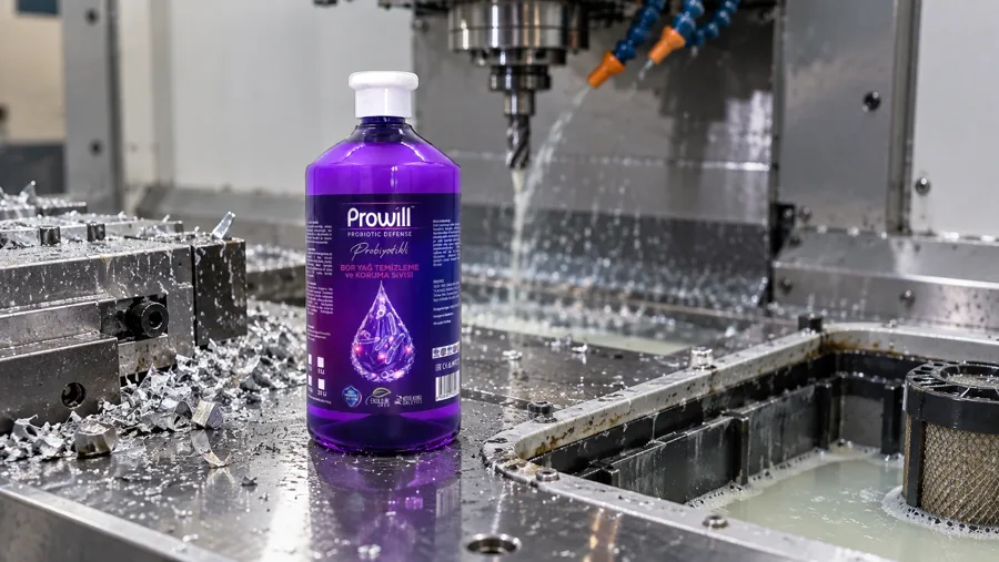 Prowill Bor Yağı Temizleme ve Koruma Sıvısı CNC tezgâh tablasında